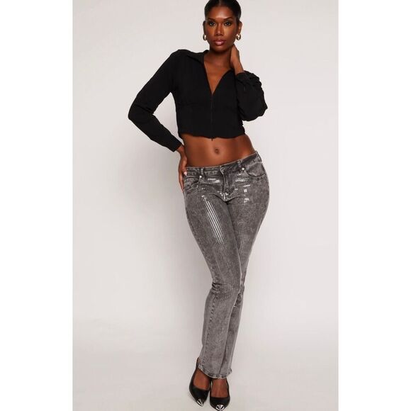 Shimmer Detail Gray Acid Wash Jeans - Picture 1 of 9
